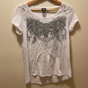 White Harley Davidson tee with lace shoulder in lays and graphic